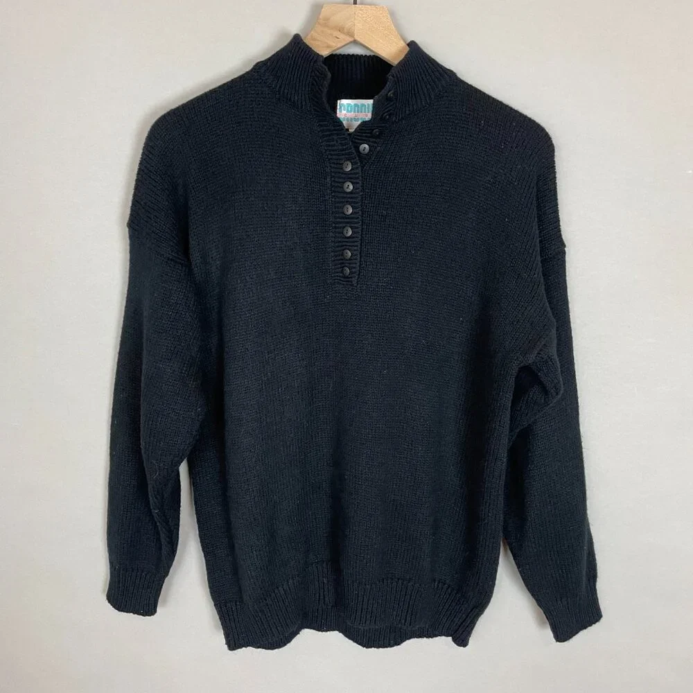 Vintage Sweater Black Buttoned Neckline Mock Neck Men Acrylic Retro Knit Classic